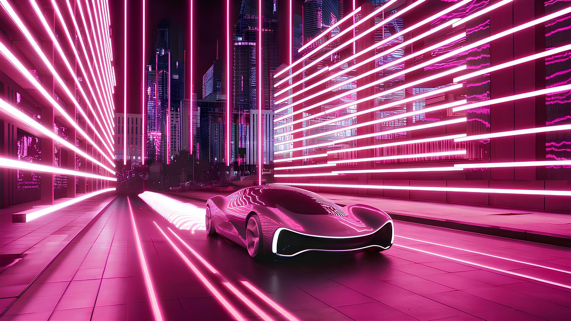 1920x1080 Futuristic car speeding through neon cityscape