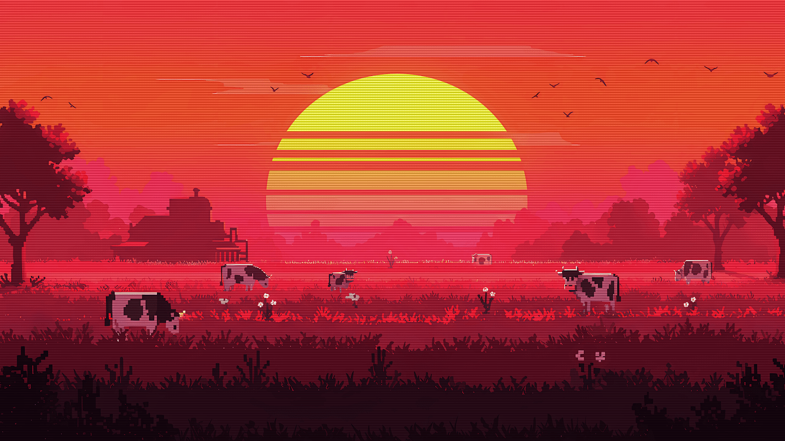 1600x900 4K Wallpaper Pixel Art Sunset Farm with Cows 4K Wallpaper. Best 4K Wallpaper for Computers