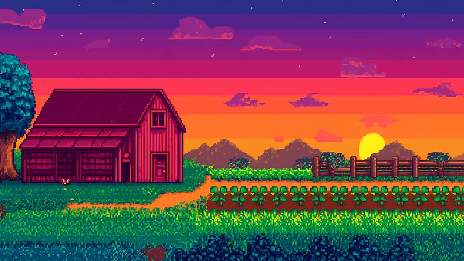 1536x864 Stardew Valley Farmhouse Sunset Pixel Art Cozy Wallpaper 4k