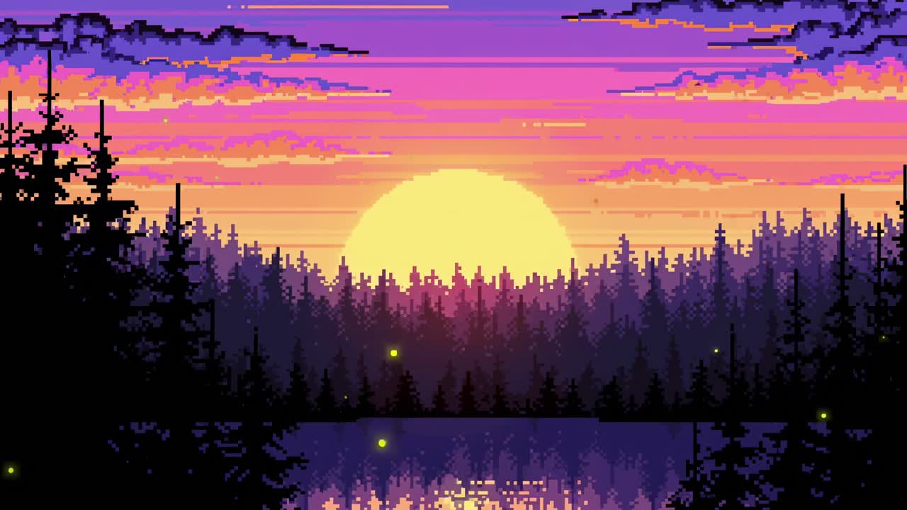 1280x720 Pixel Art Sunset Over A Forest With A Lake Reflection, Wide Angle View, Video Game Style