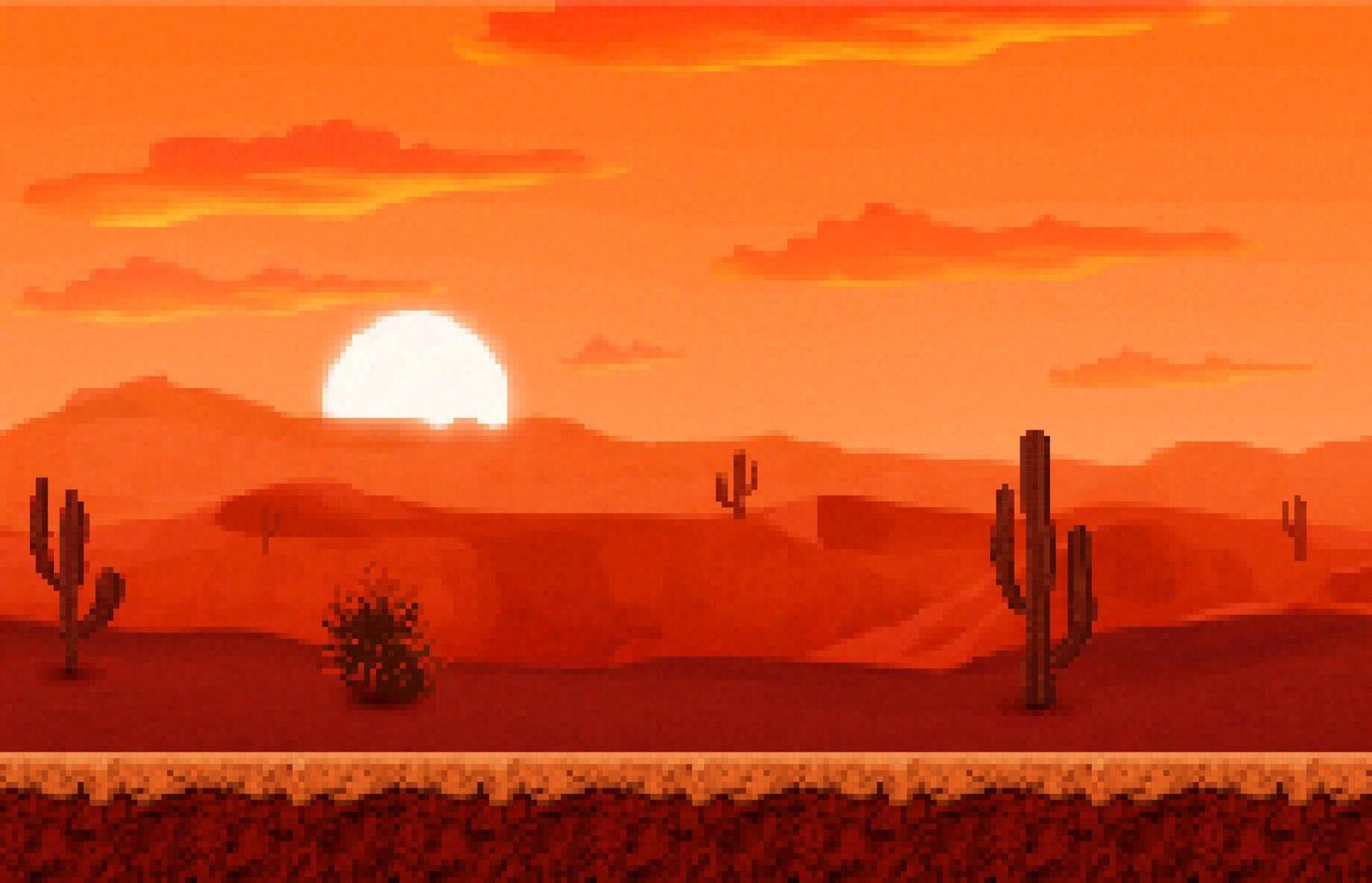 1522x980 Beautiful Desert Sunset with Cacti in Pixel Art