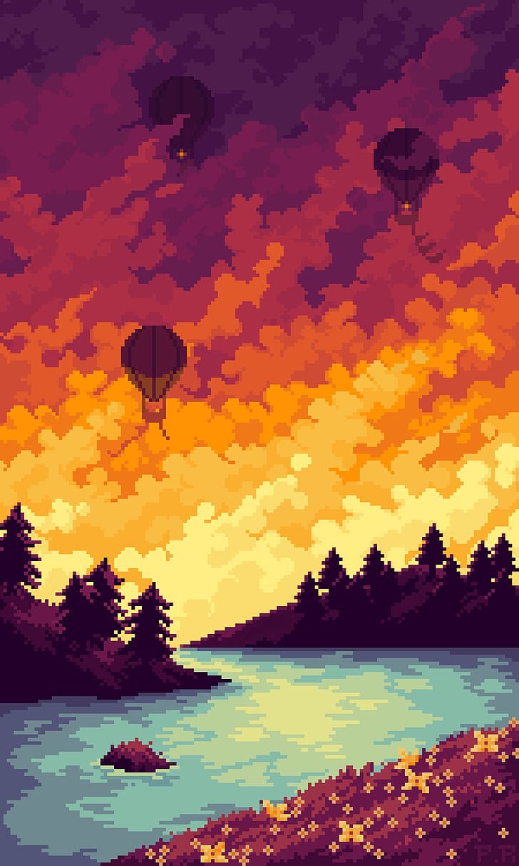 728x1213 HD wallpaper: PauRiva, pixel art, digital art, artwork, nature, sunset, sky