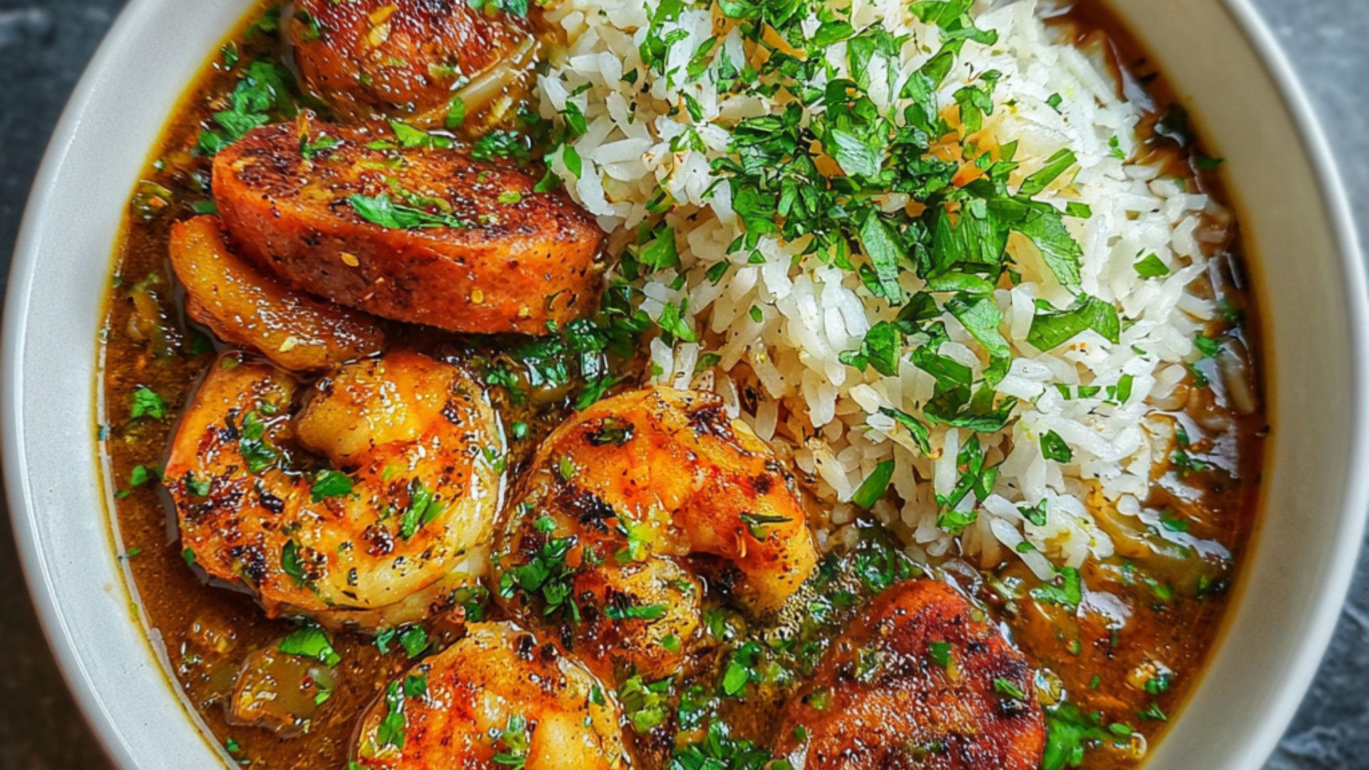1920x1080 Truffle Spiced Gulf Shrimp & Sausage Gumbo with Garlic Rice