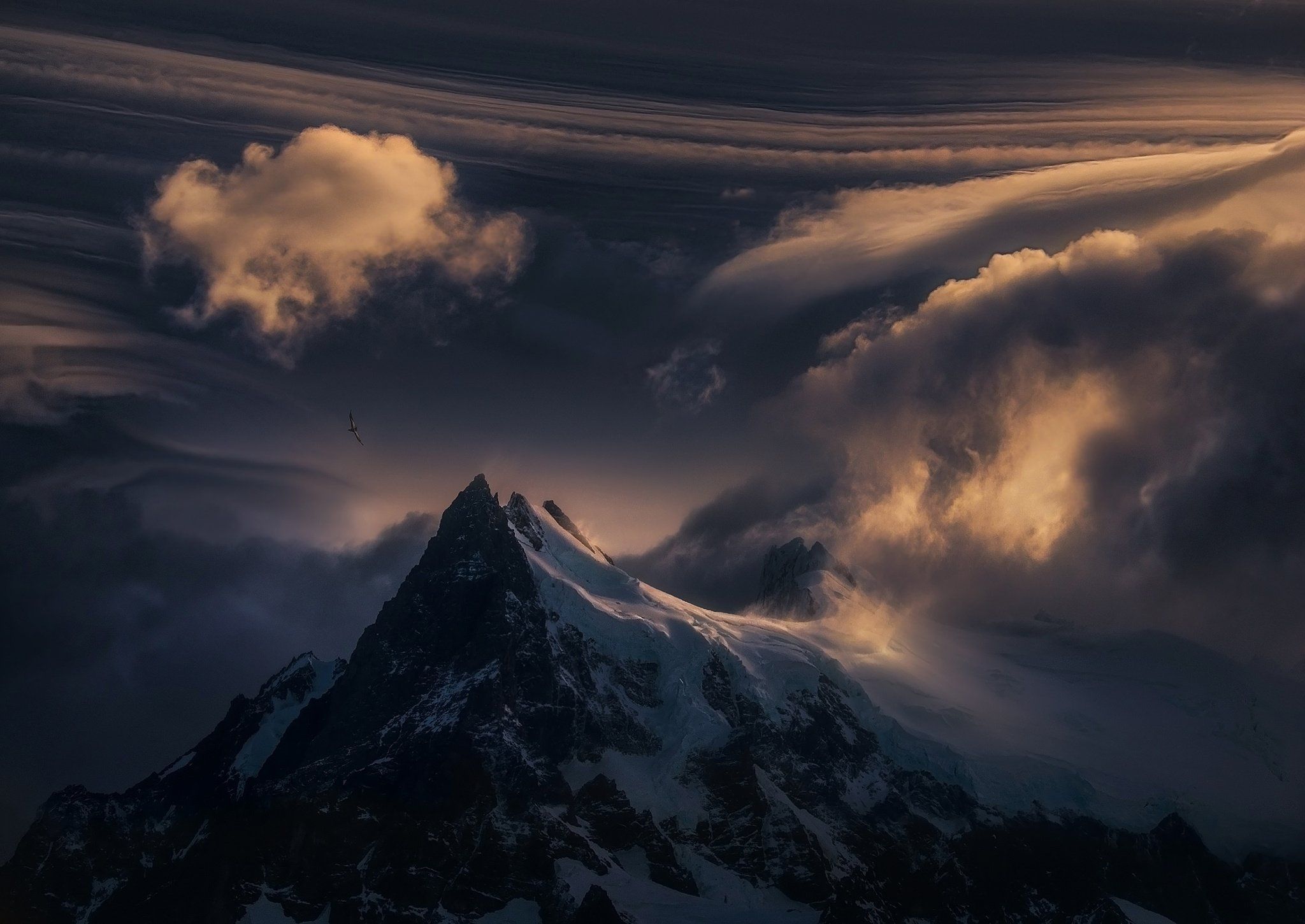 2048x1450 mountain, Top, Snow, Nature, Clouds, Sunset Wallpaper HD / Desktop and Mobile Background