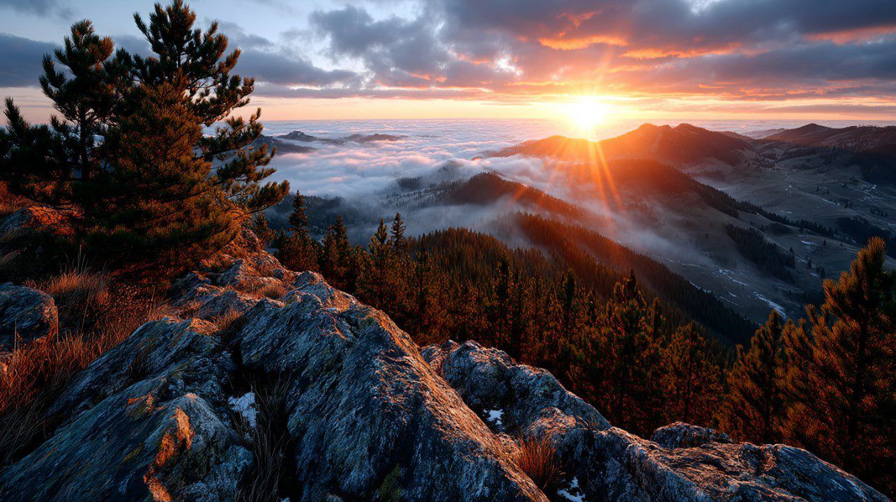 1285x720 Majestic Sunrise Over Fog Covered Mountain Valley