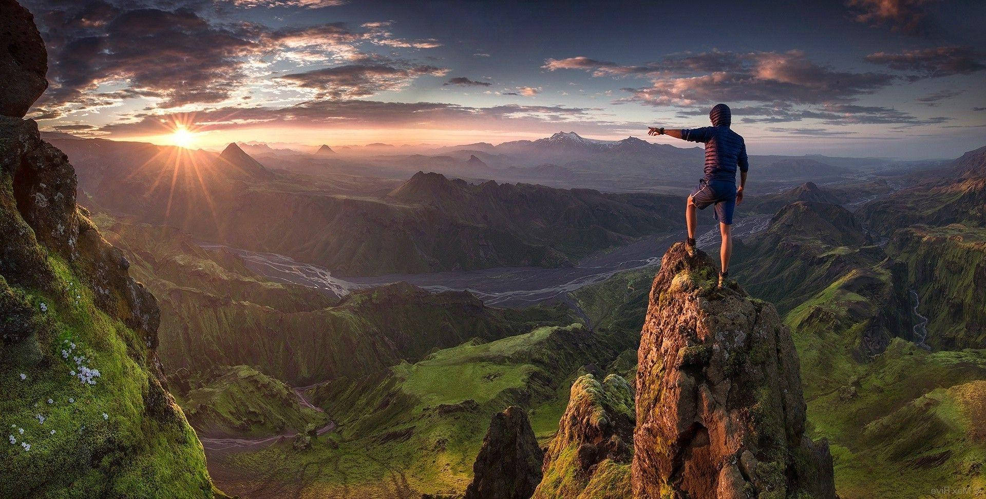 1920x973 Download Top Of Mountain Hiking Wallpaper