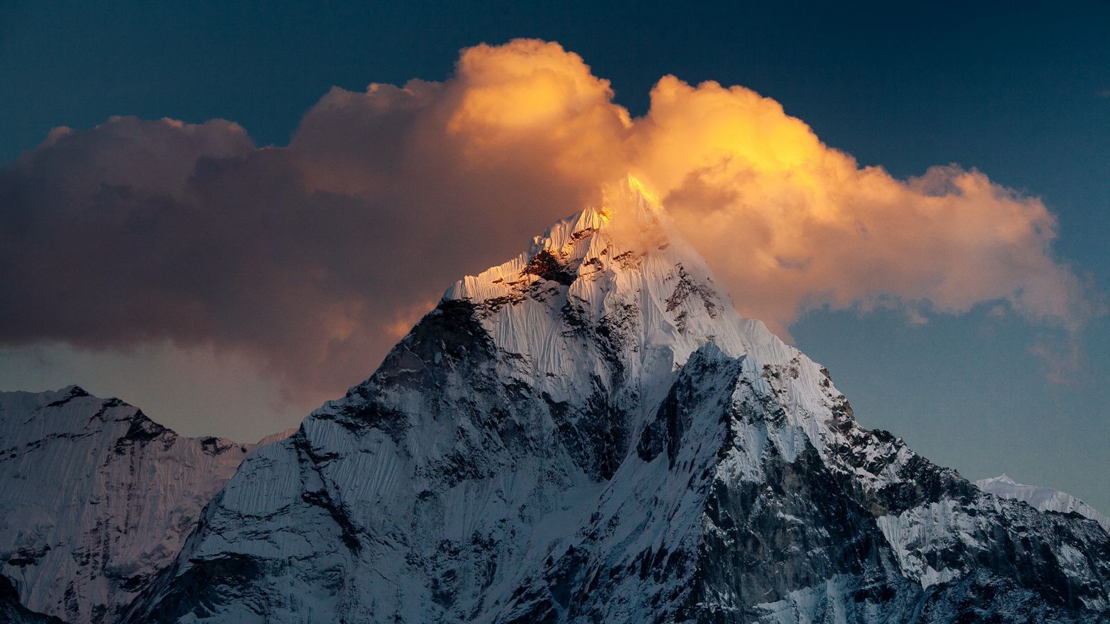 1600x900 Download wallpaper 1600x900 mountain, top, snow, clouds, khumbu valley, namche, nepal widescreen 16:9 HD background