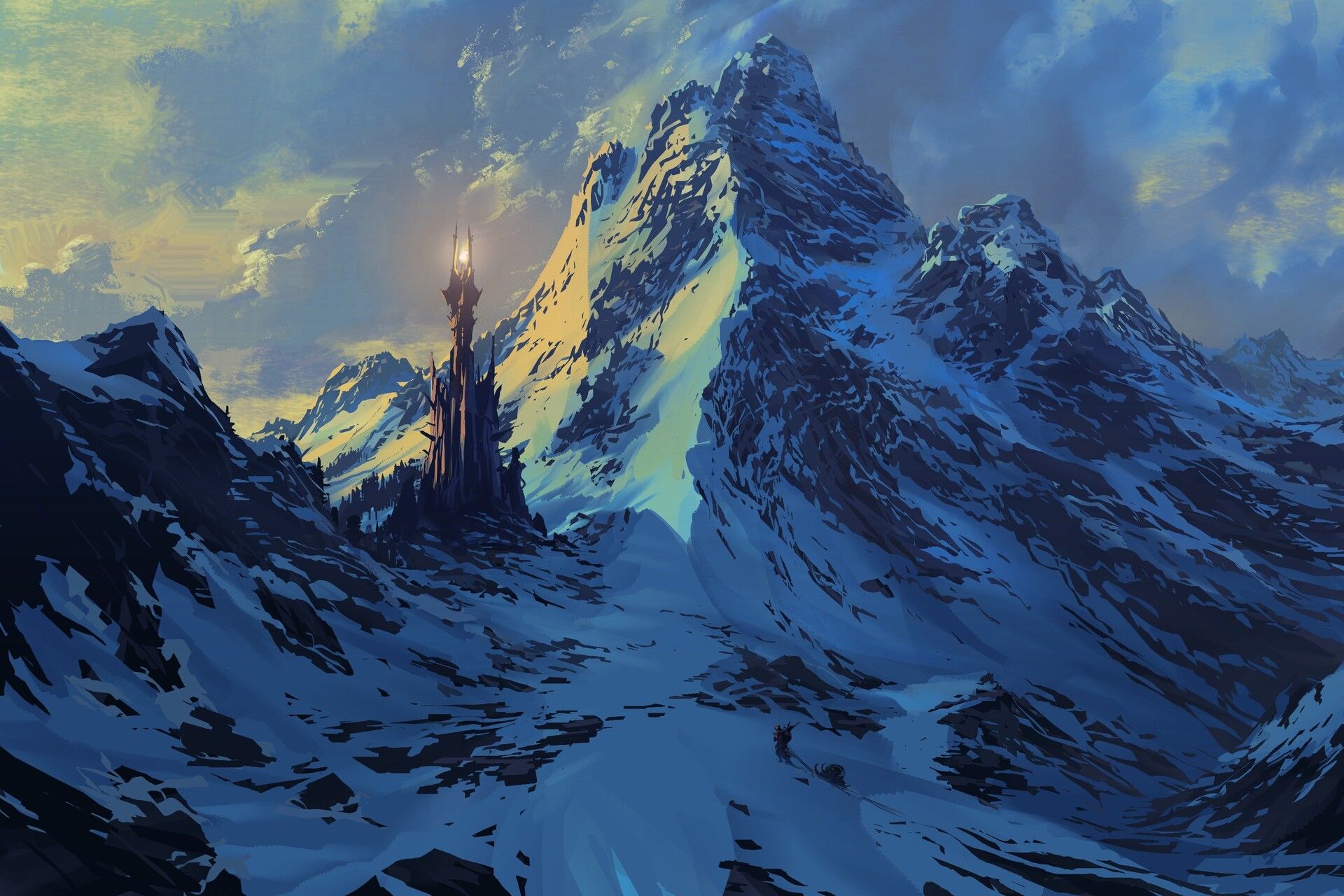 1920x1280 Desktop wallpaper: Snow, Fantasy, Landscape, Mountain, Tower 4K free download for PC. 992726