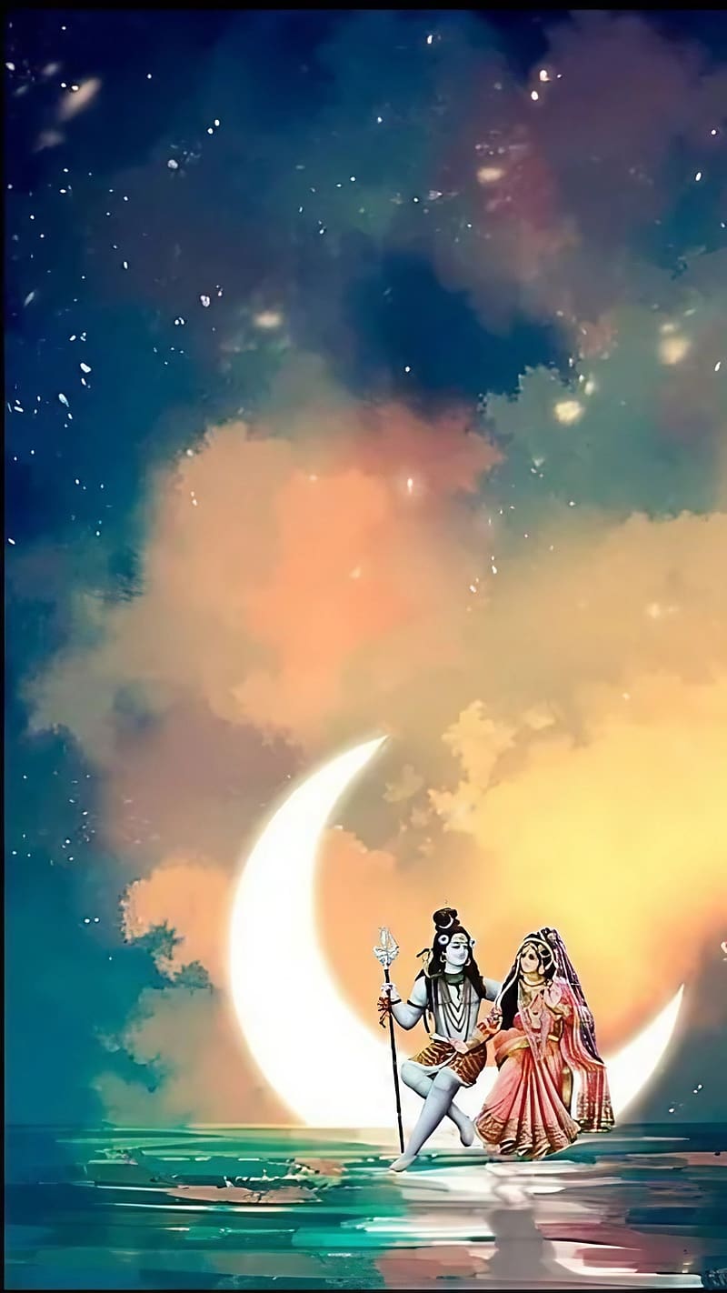 800x1422 Mahadev Parvati, Sitting On Moon, lord, god, mahadev, HD phone wallpaper