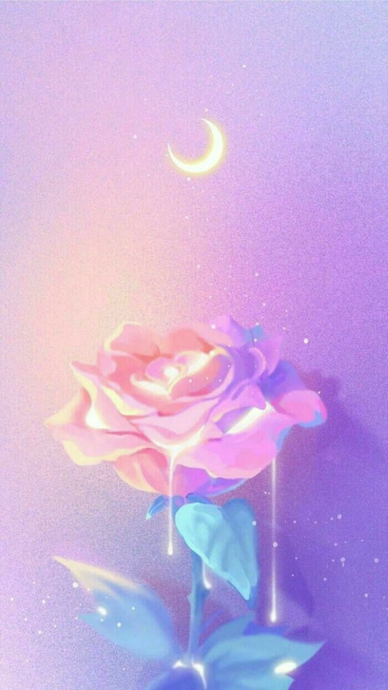 800x1422 Pastel Night, art, blue, drawings, moon, pastels, pink, roses, HD phone wallpaper