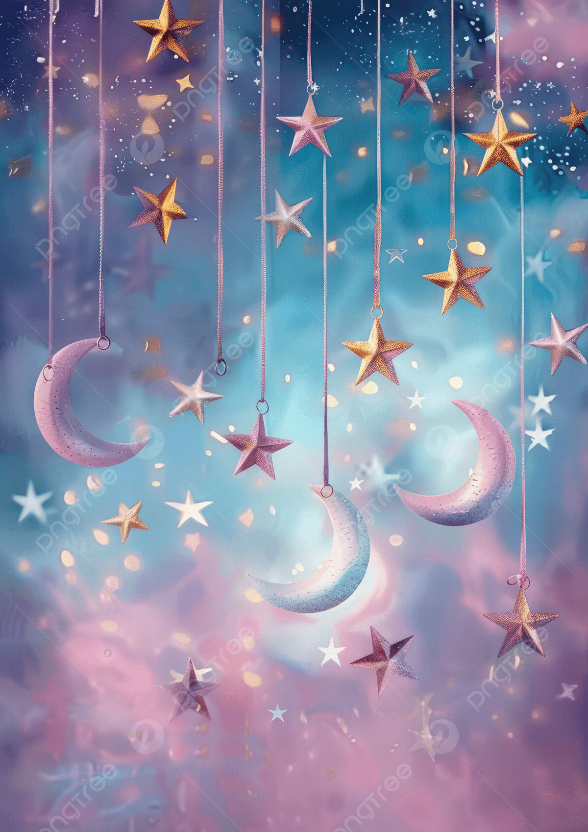 1200x1697 A Dreamy Illustration Of Hanging Moons And Stars In Pastel Colors Background Wallpaper Image For Free Download