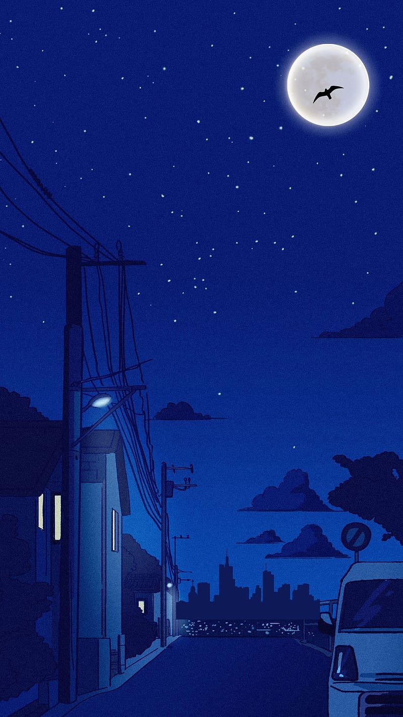 800x1422 City at night, city, painting, pastel, color, car, drawing, moon, stars, HD phone wallpaper