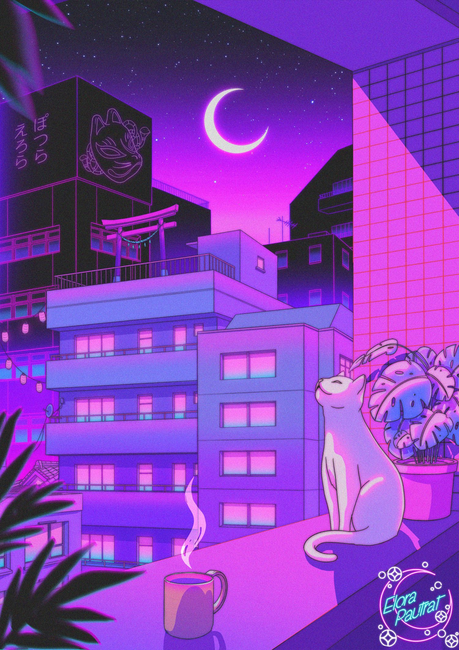 1500x2122 Neon Moon City Cat Wallpaper By Elora Owakita