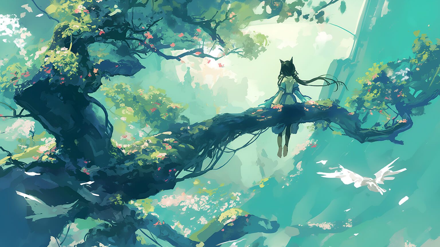 1536x864 Anime Girl on Tree Green Desktop Wallpaper Wallpaper 4K