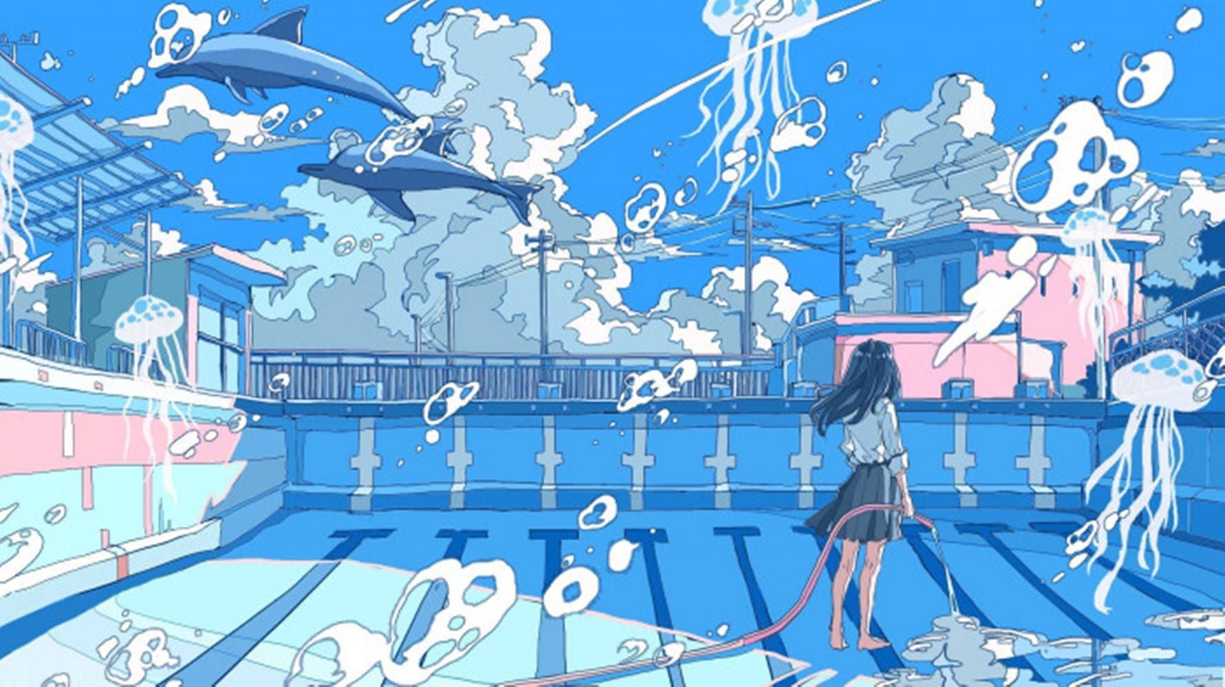 1781x1000 Blue Anime Aesthetic Background