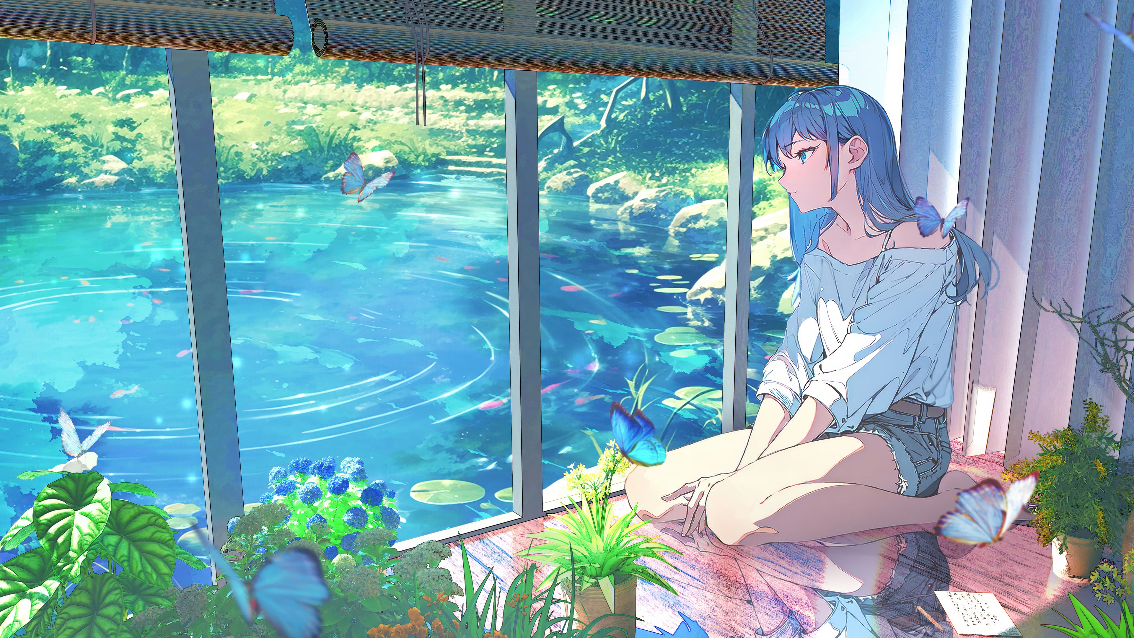 3840x2160 Anime Girl Blue Hair Nature Pond Butterfly Wallpaper 4K HD PC b