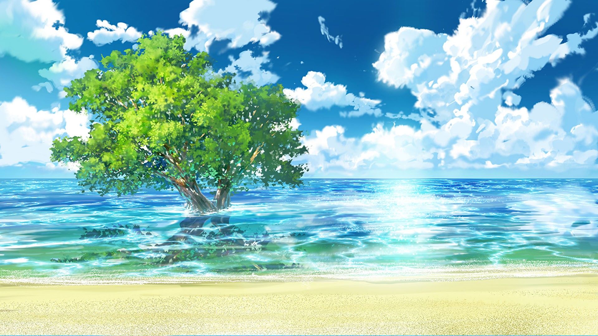 1920x1080 Anime Nature Background Trees River Blue Sky HD Anime Wallpaper