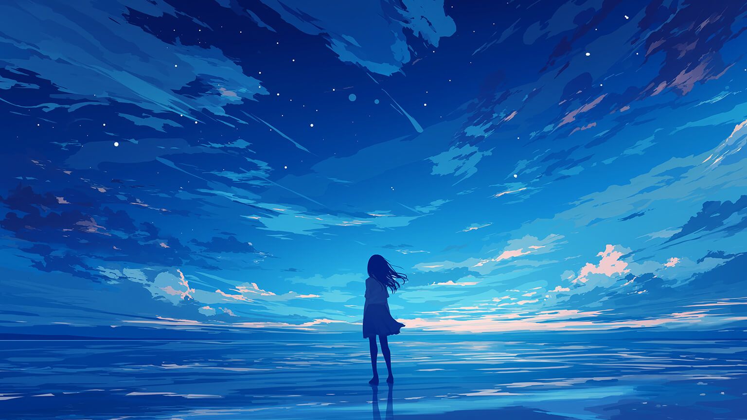 1536x864 Lonely Anime Girl Dark Blue Desktop Wallpaper