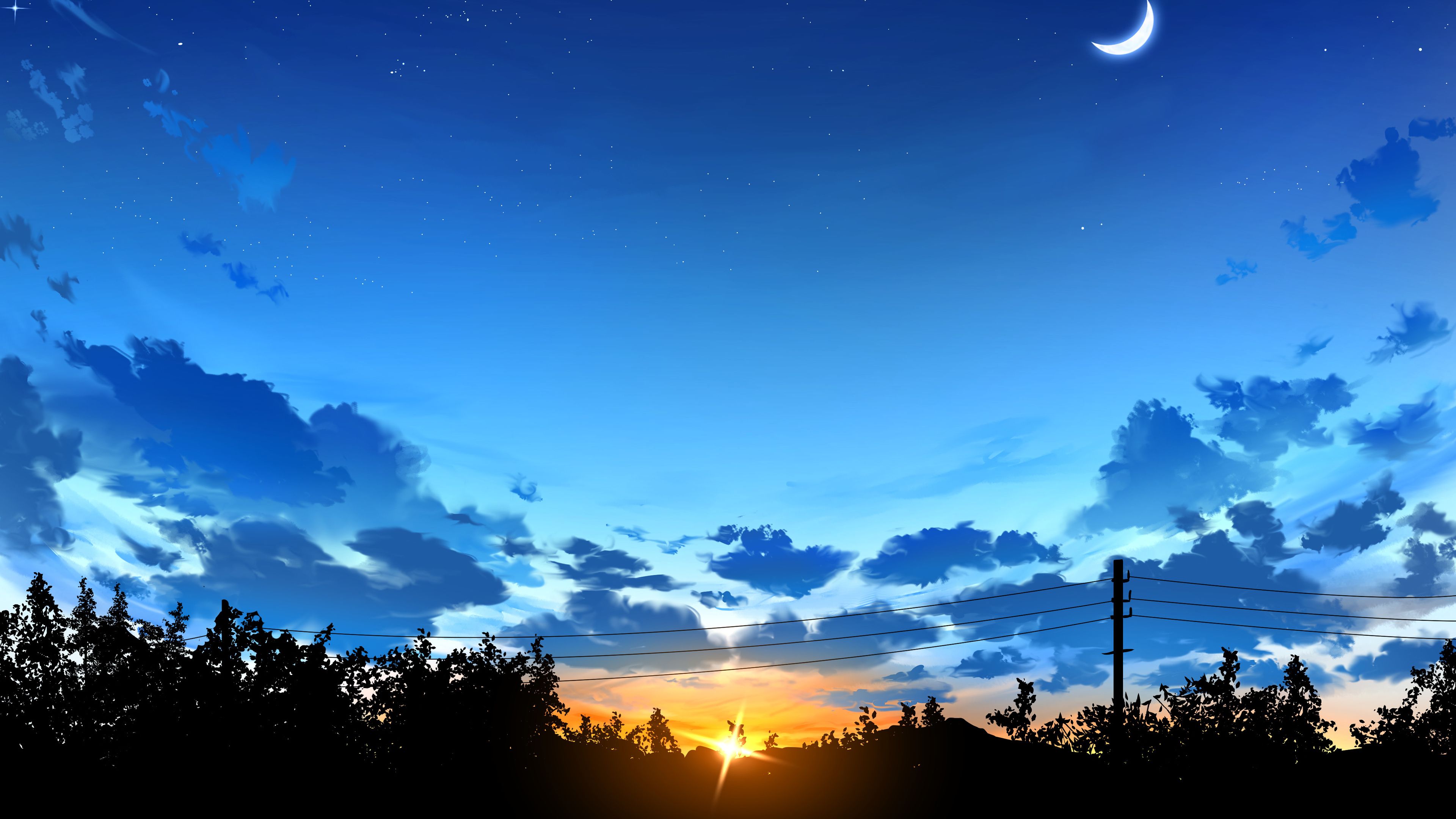 3840x2160 Anime Sunset Trees Forest Blue Sky Moon 4K HD Anime Wallpaper