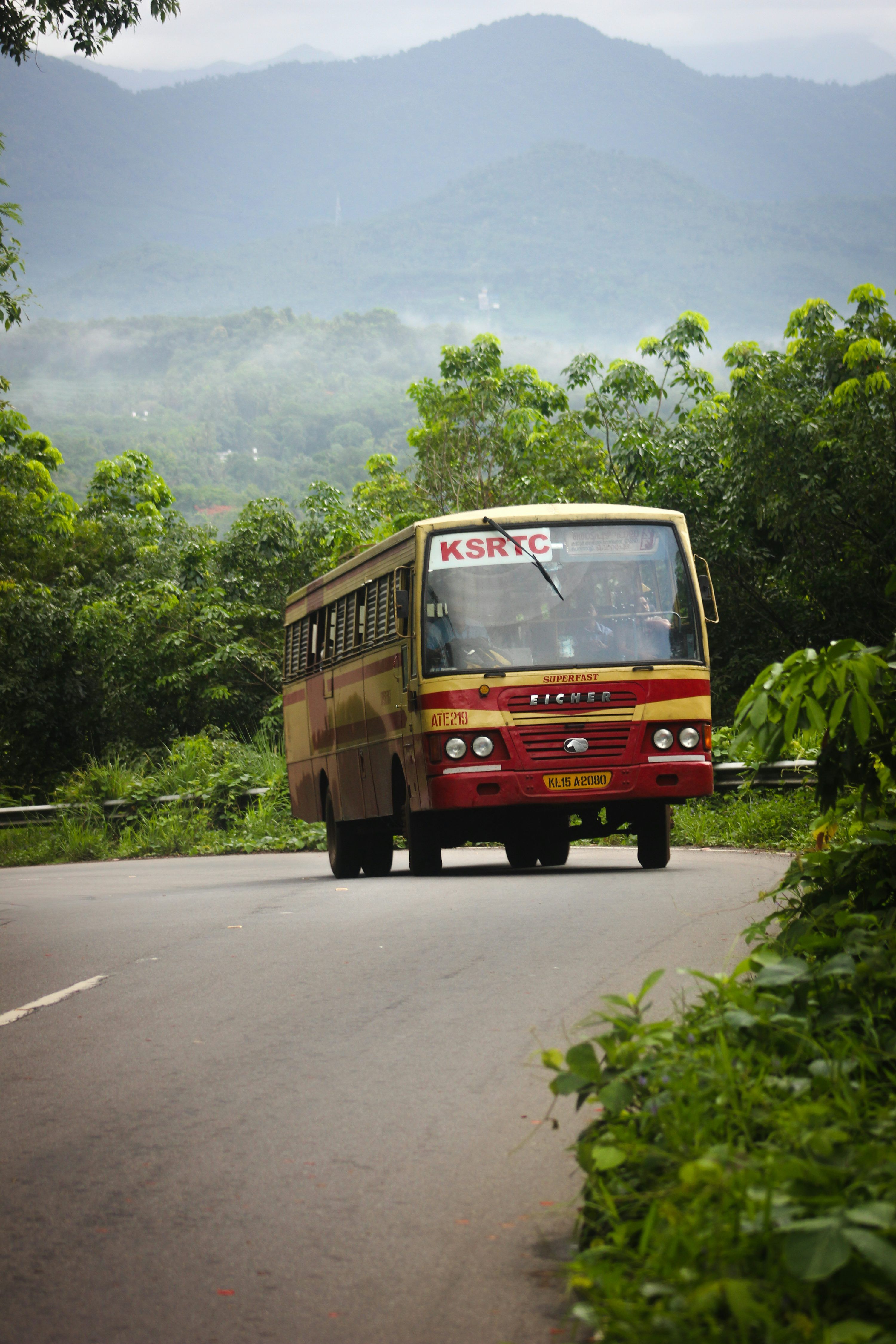 3000x4500 A red and yellow bus driving down a road photo