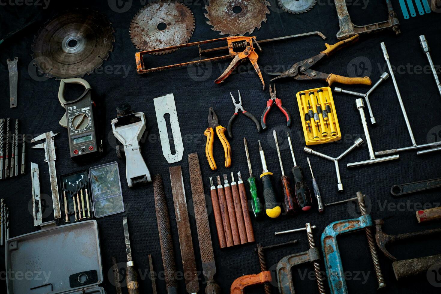 1470x980 Photo top view a huge set collection of working hand and power tools many for the wooden on isolated black background