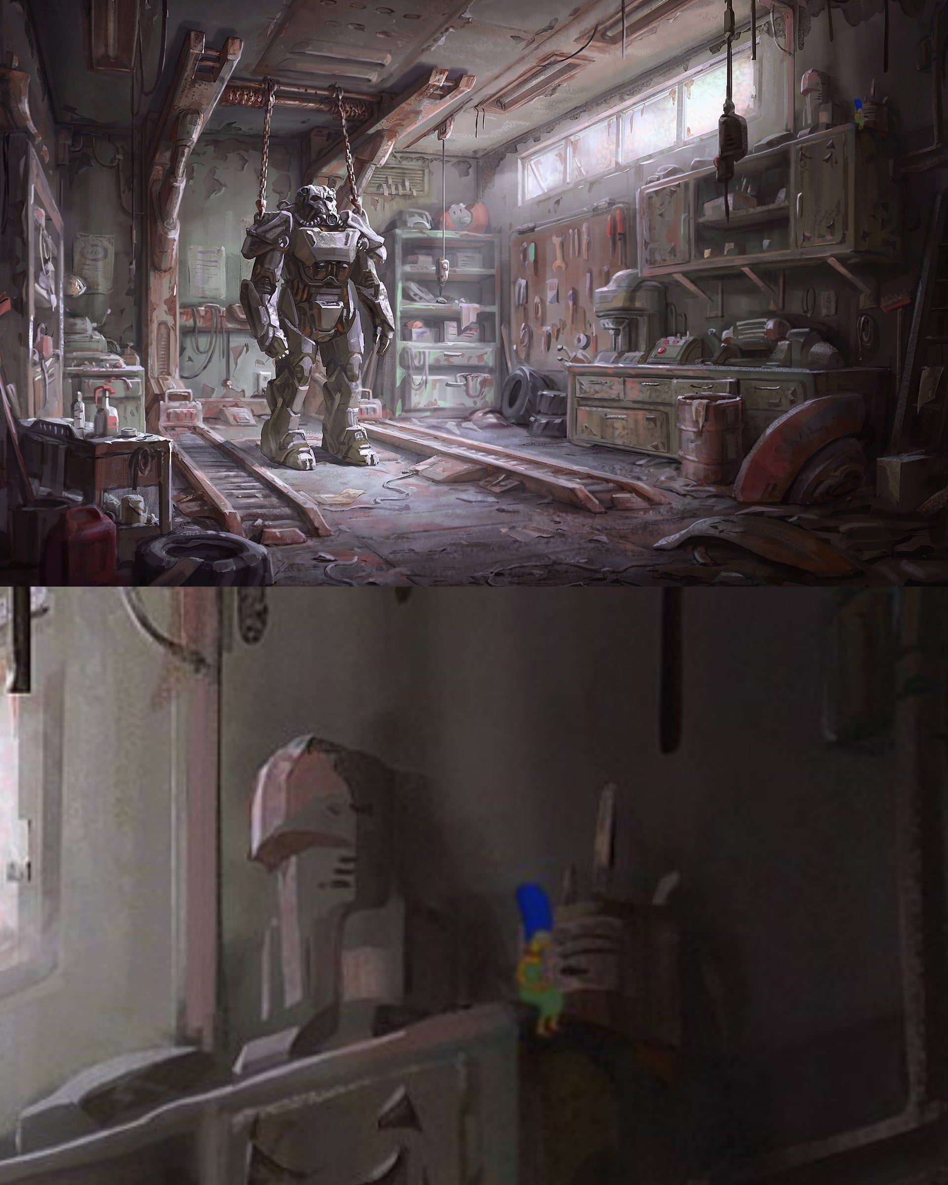 1920x2400 I have this Fallout concept art as my desktop background. During my online class, I noticed a certain someone perched atop the workbench cabinet