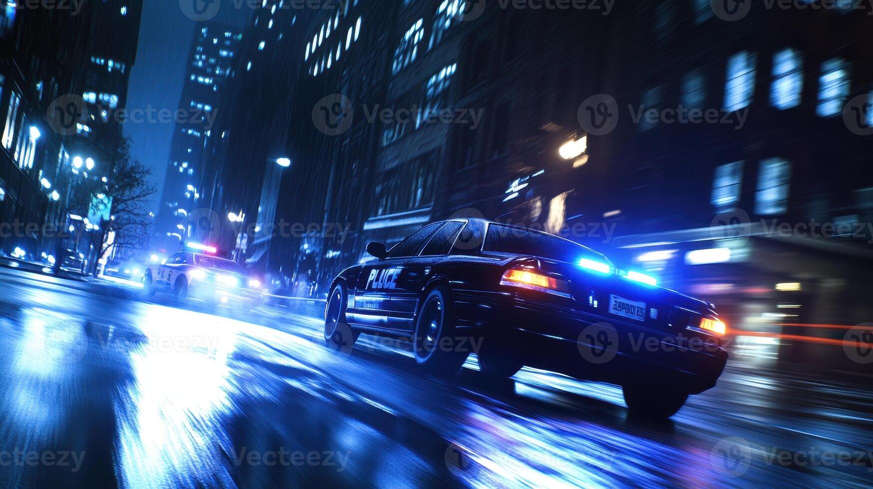 1749x980 Police cars chase through a rainy urban street at night, illuminated