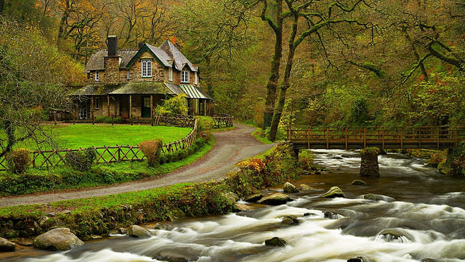 1920x1080 House River Forest Park Trees Bridge Green Grass Field HD Nature Wallpaper