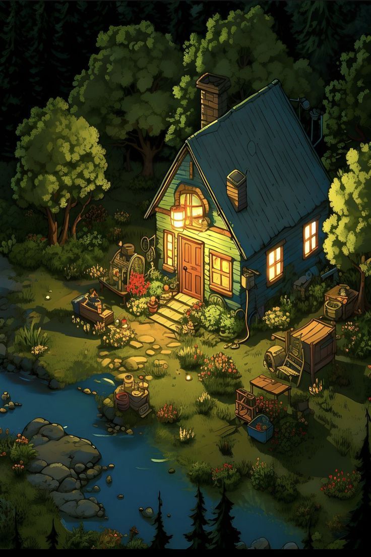 736x1104 Charming Cartoon House in Enchanting Woods with Glowing Lights Woodland Cottage Wallpaper
