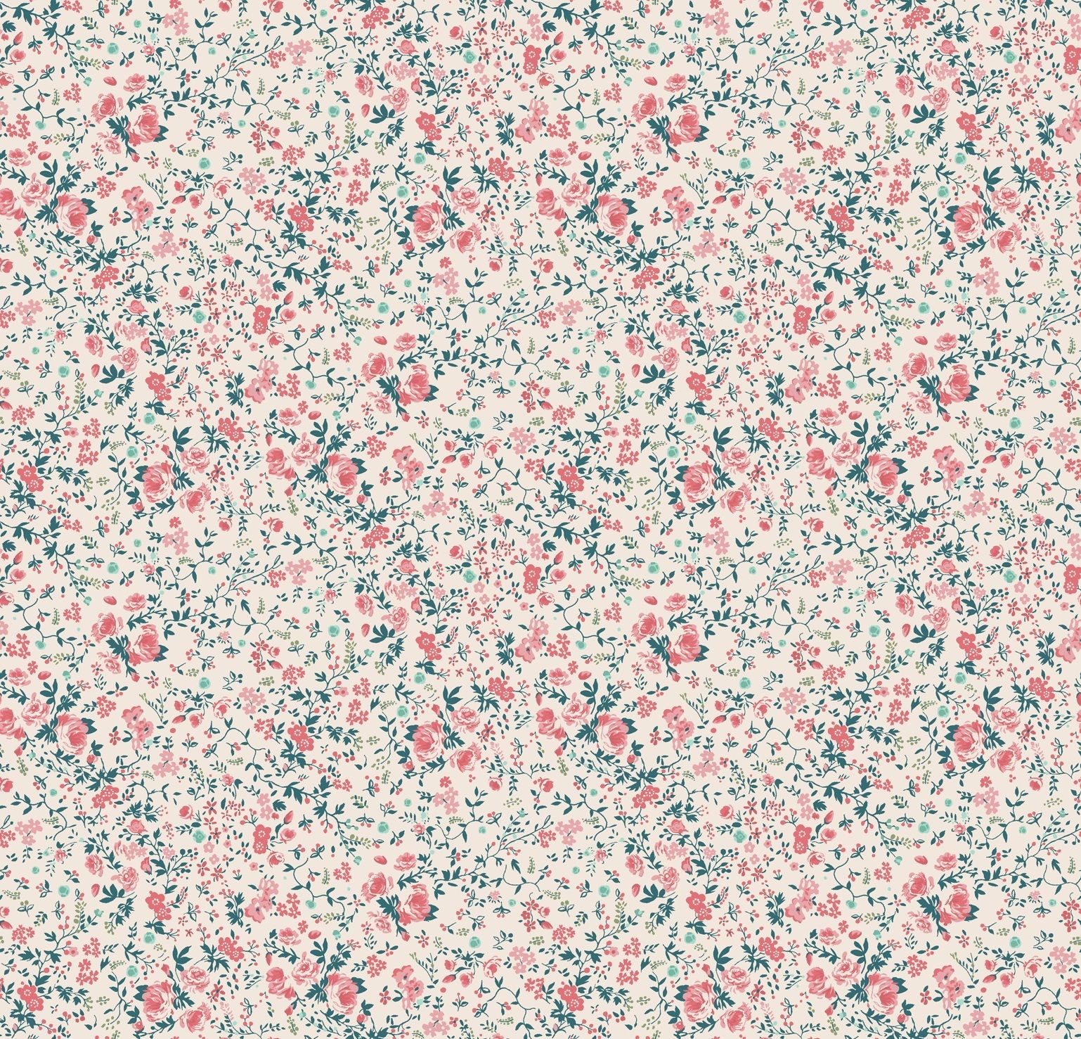 1538x1477 Ditsy Delilah {Tiny} Teal and Peach Wallpaper & Sage