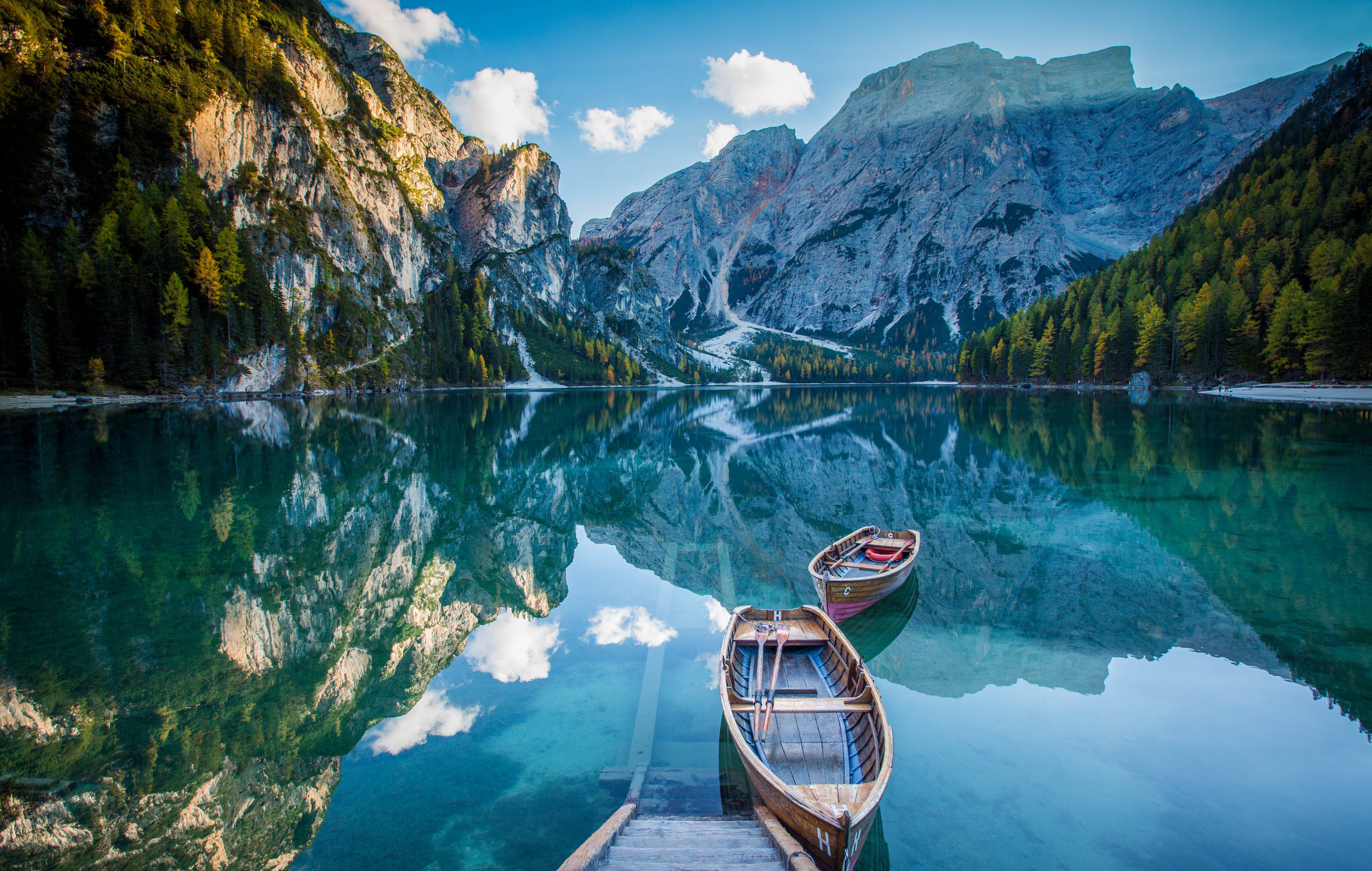 5607x3559 lake, Deck, Boat, Mountains, Mirror, Reflection Wallpaper HD / Desktop and Mobile Background