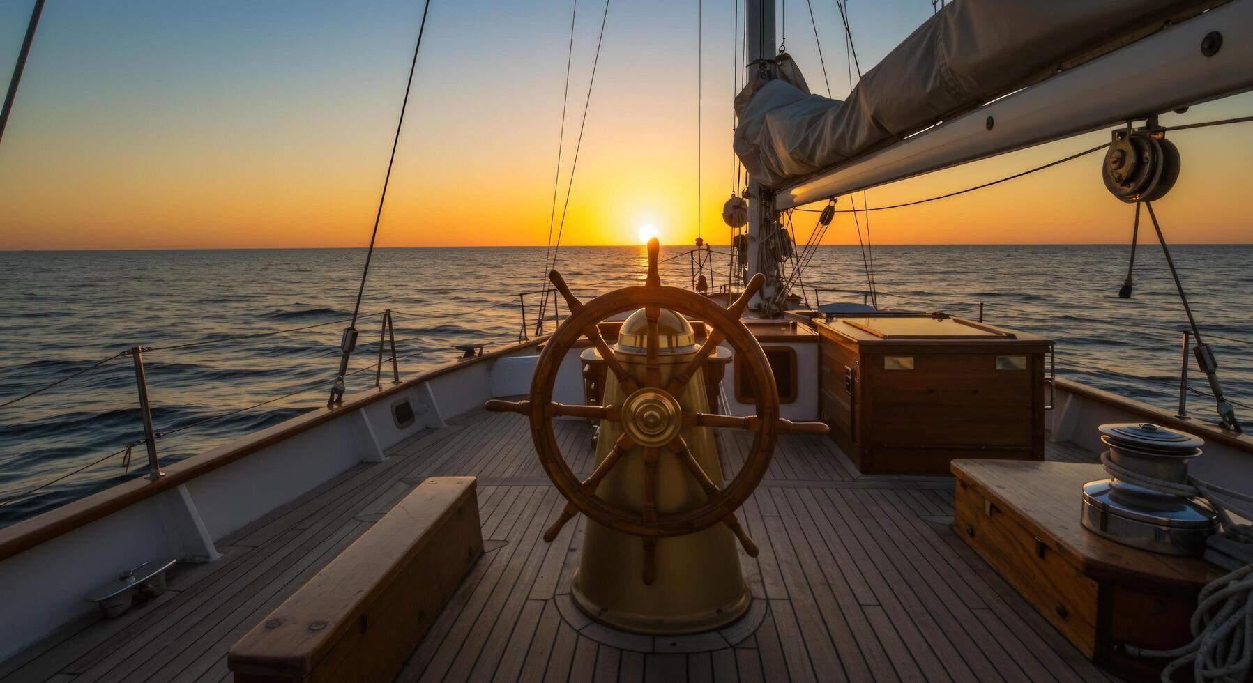 1797x980 Sailing into sunset on a classic wooden yacht view from aft deck