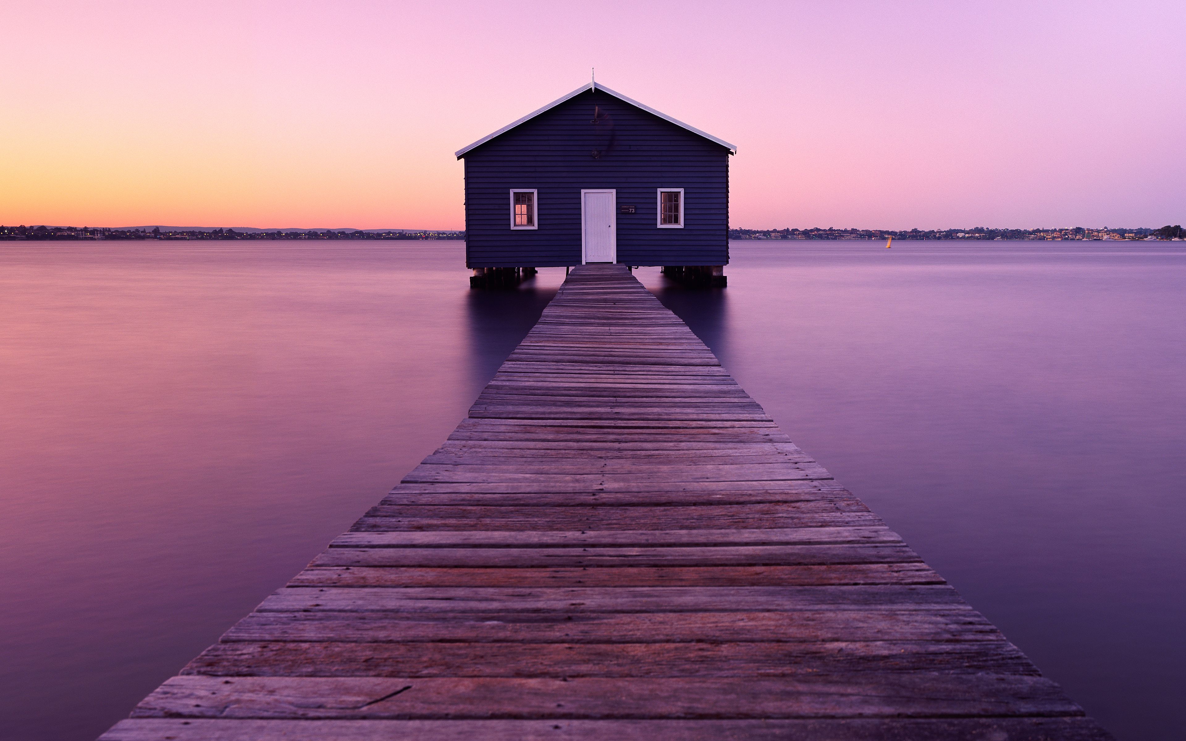 3840x2400 Boathouse Wallpaper 4K, Sunrise, River, Morning, Seascape