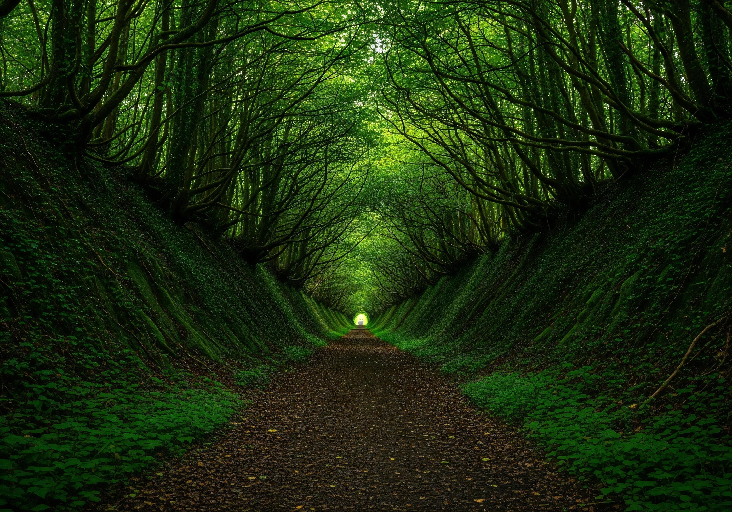 2800x1960 Nature background, Nature wallpaper, A narrow dirt path winds through a densely wooded forest with overhanging branches forming a natural tunnel