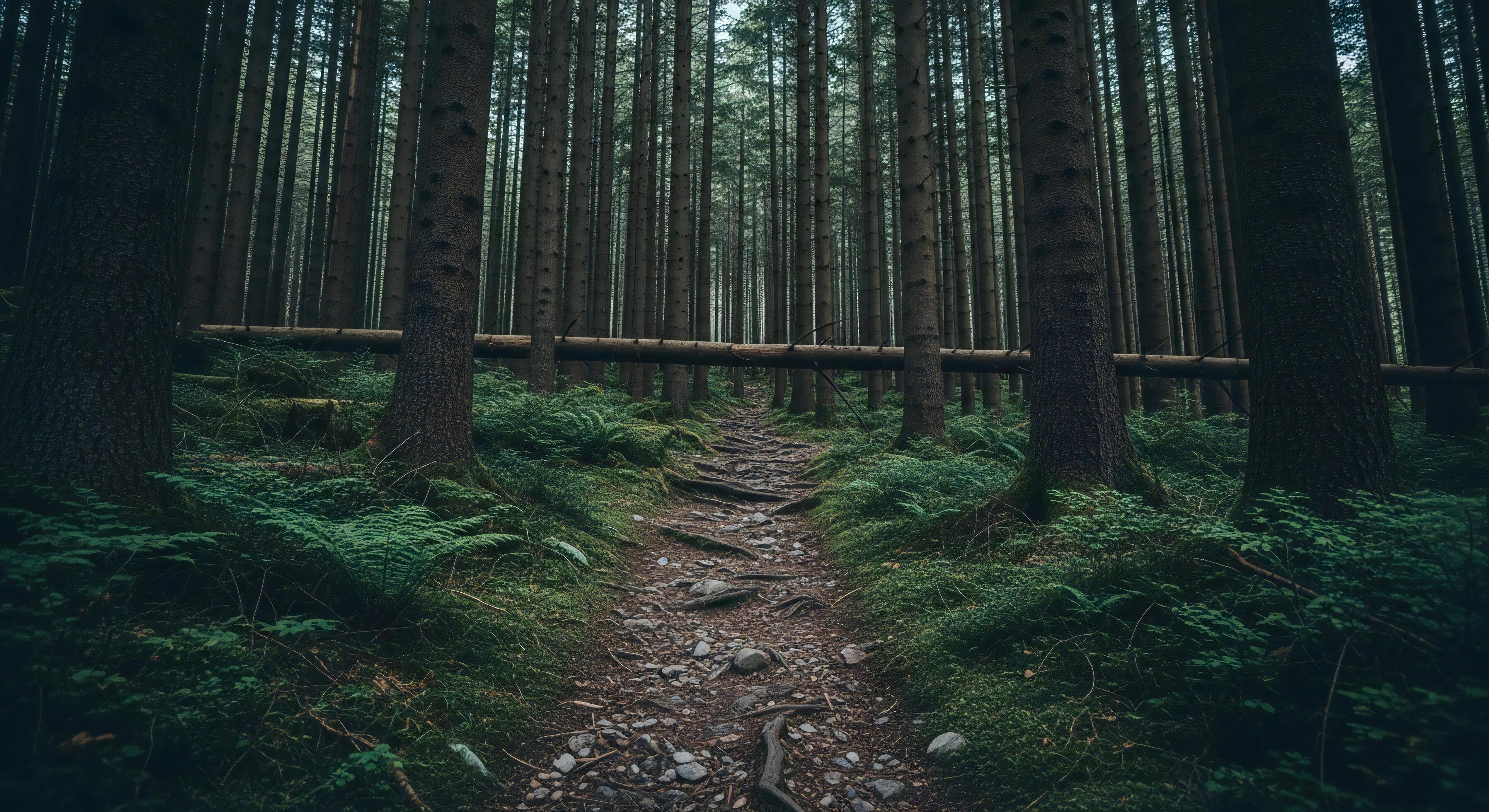 3593x1960 Nature background, Nature wallpaper, A narrow winding dirt path with rocks and moss leads through a dense dark forest with tall trees and fallen logs