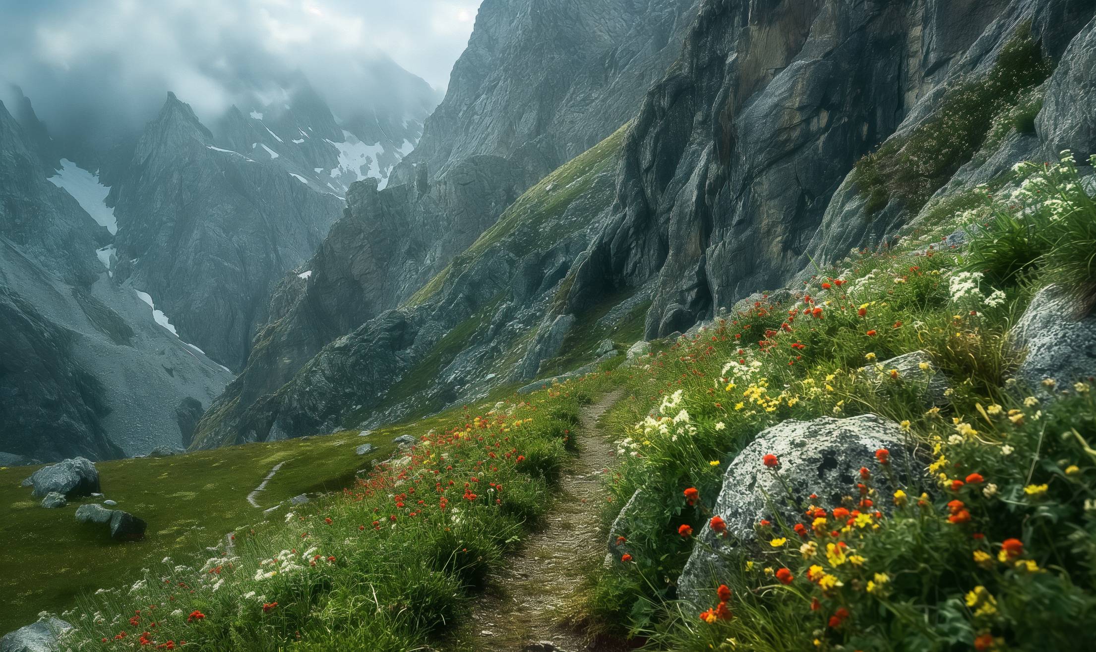 2210x1316 Narrow Path in the Mountains. Free Nature Image