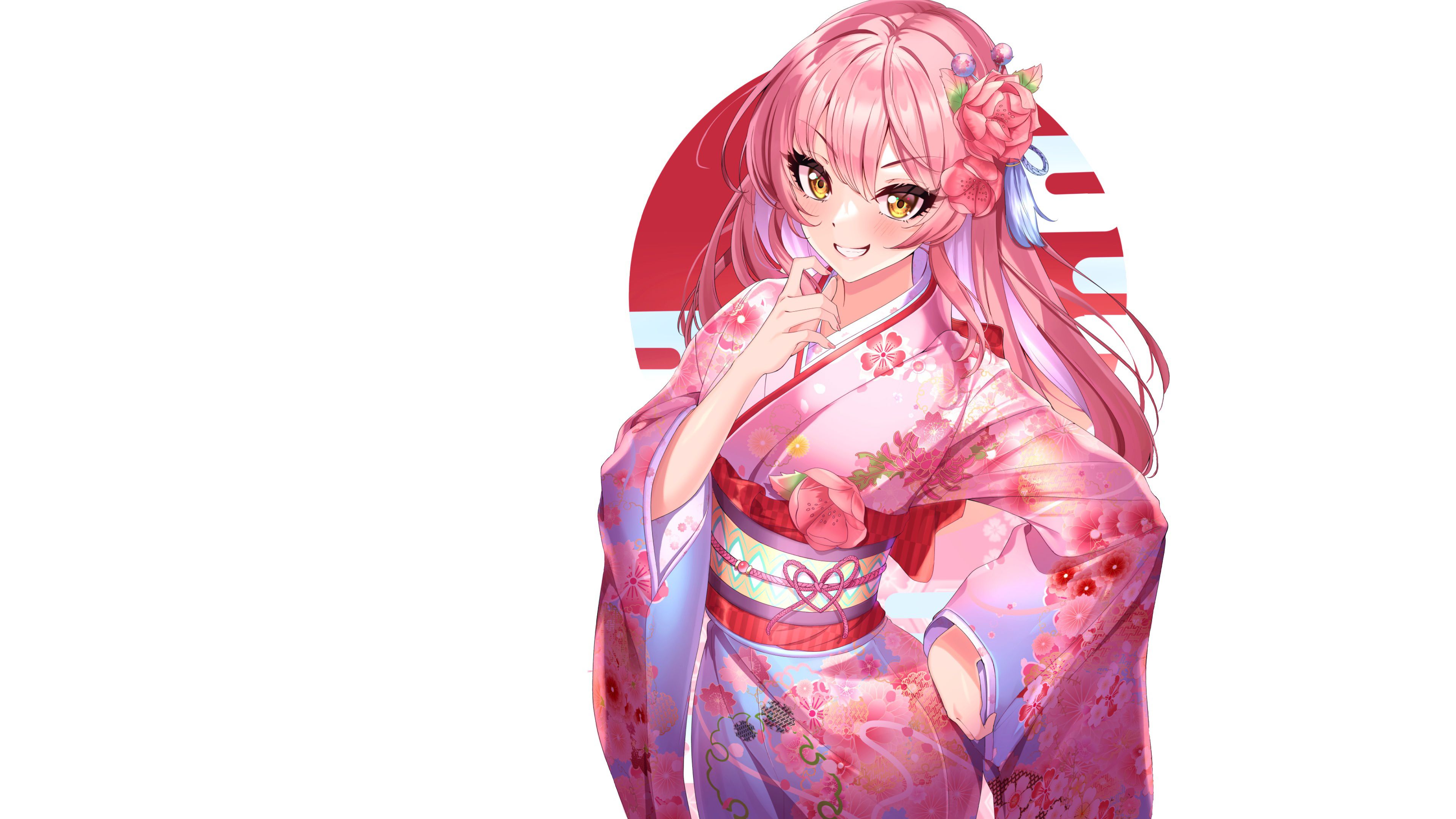 3840x2160 Kimono Pink Hair Anime Girl White Background 4K HD Anime Girl Wallpaper