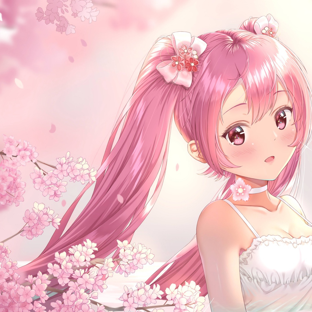 1024x1024 Anime girl with pink hair in a white dress Desktop wallpaper 1024x1024