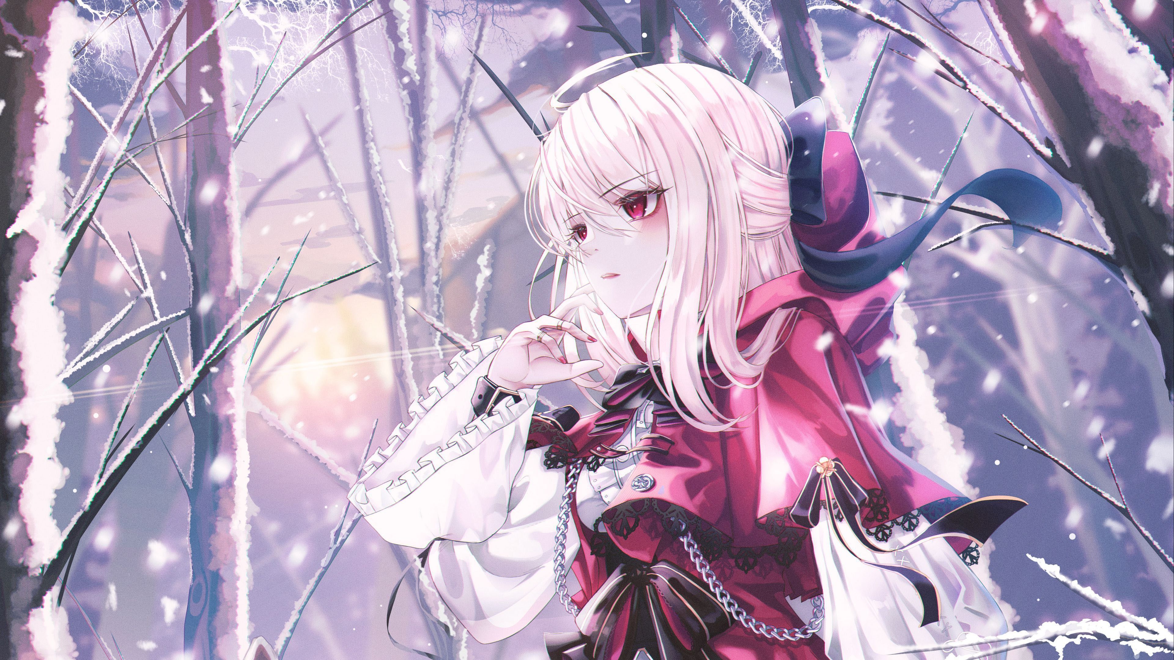 3840x2160 Anime Girl Pink Eyes Pink Dress Snow Falling Forest Background 4K HD Anime Girl Wallpaper