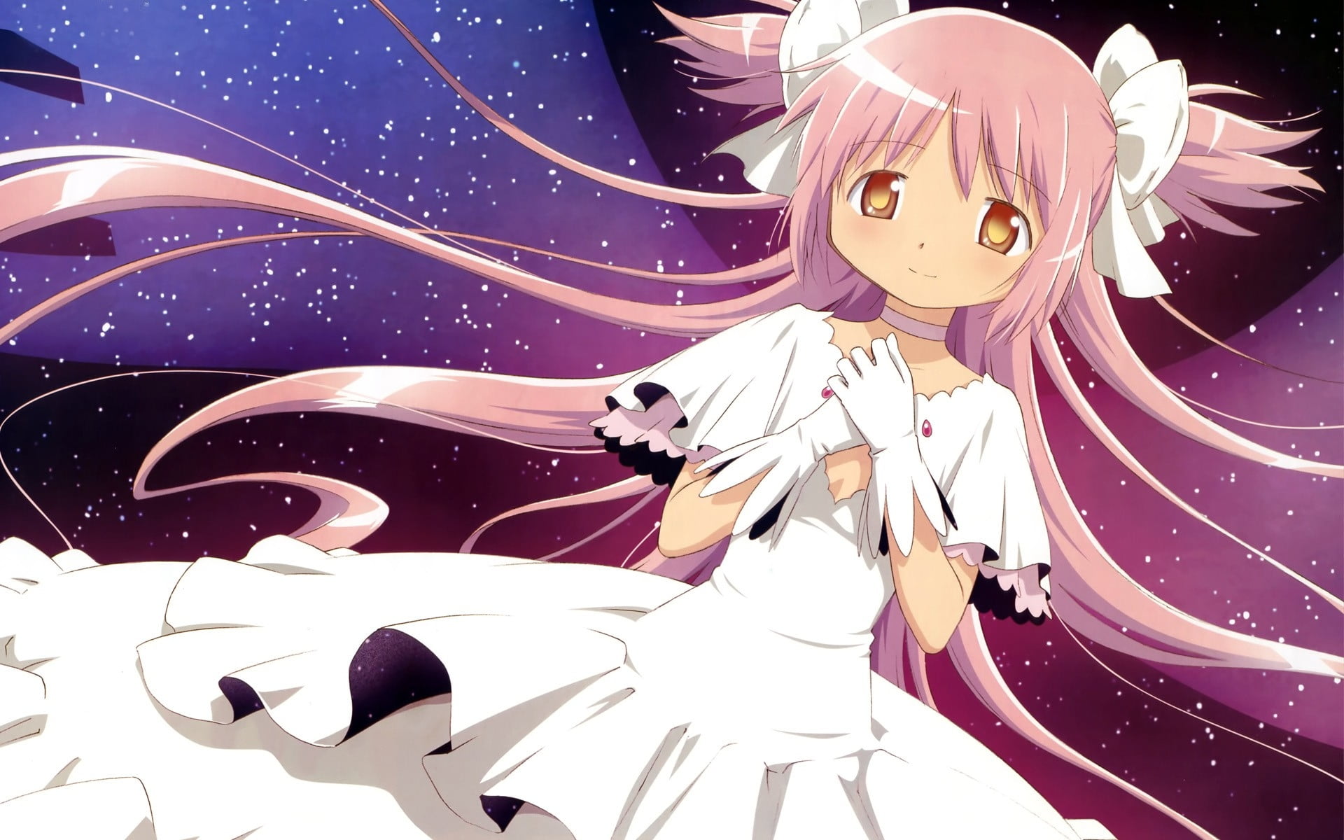 1920x1200 Pink haired female anime character in white dress HD wallpaper
