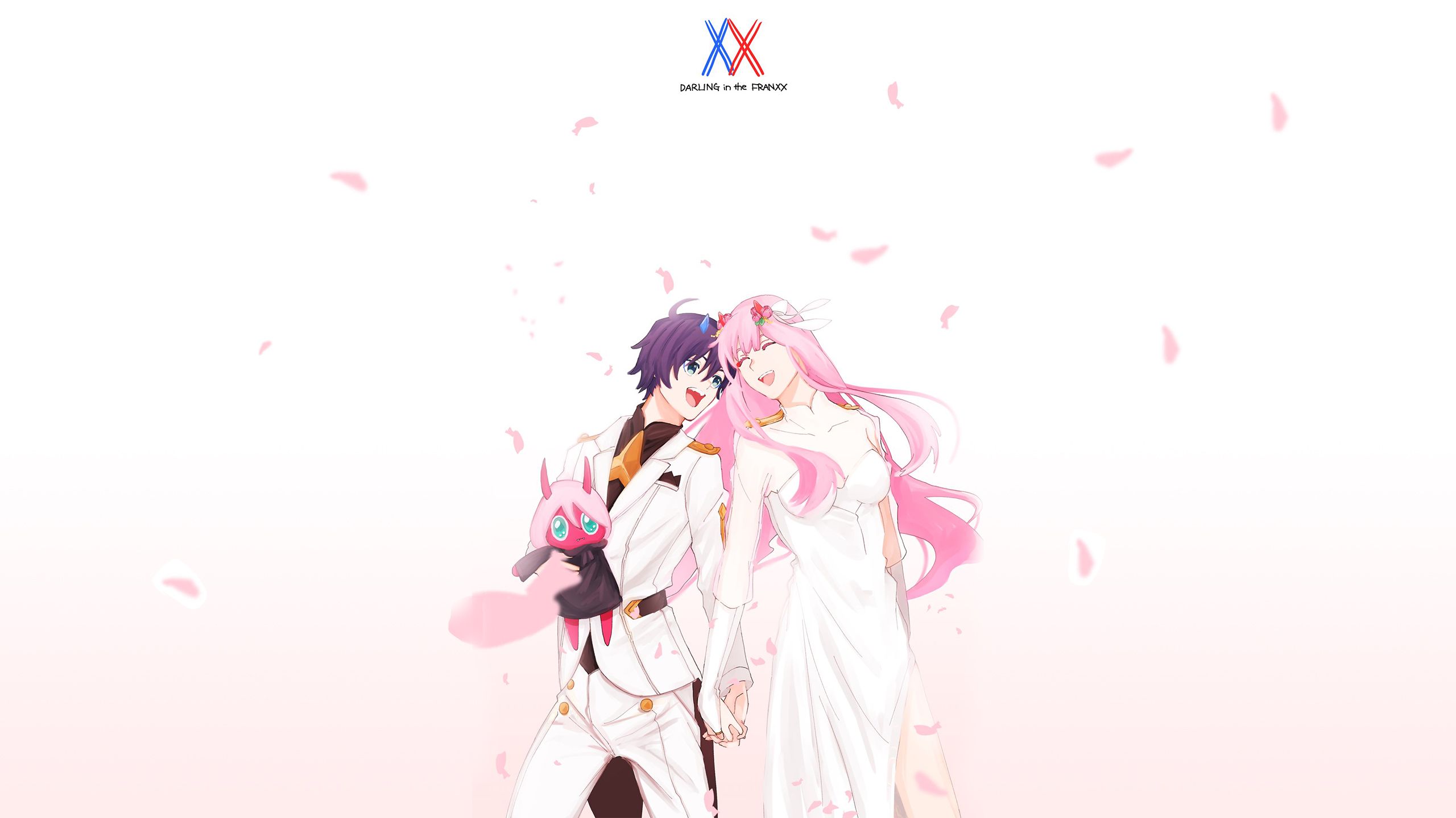 2560x1440 darling in the franxx zero two hiro with white background and pink petals HD anime Wallpaper