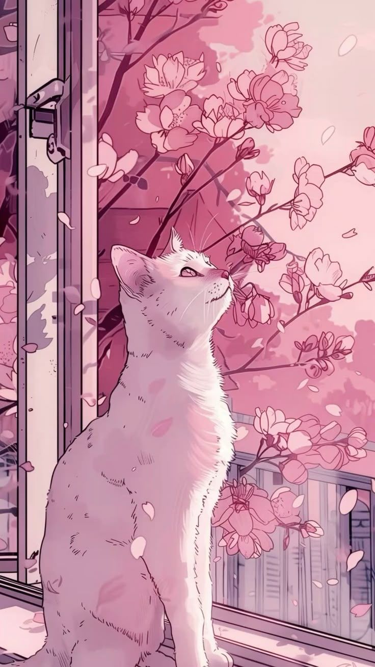 736x1308 Please let me know who made this so I can add credits. Pink sakura white cat wallpaper