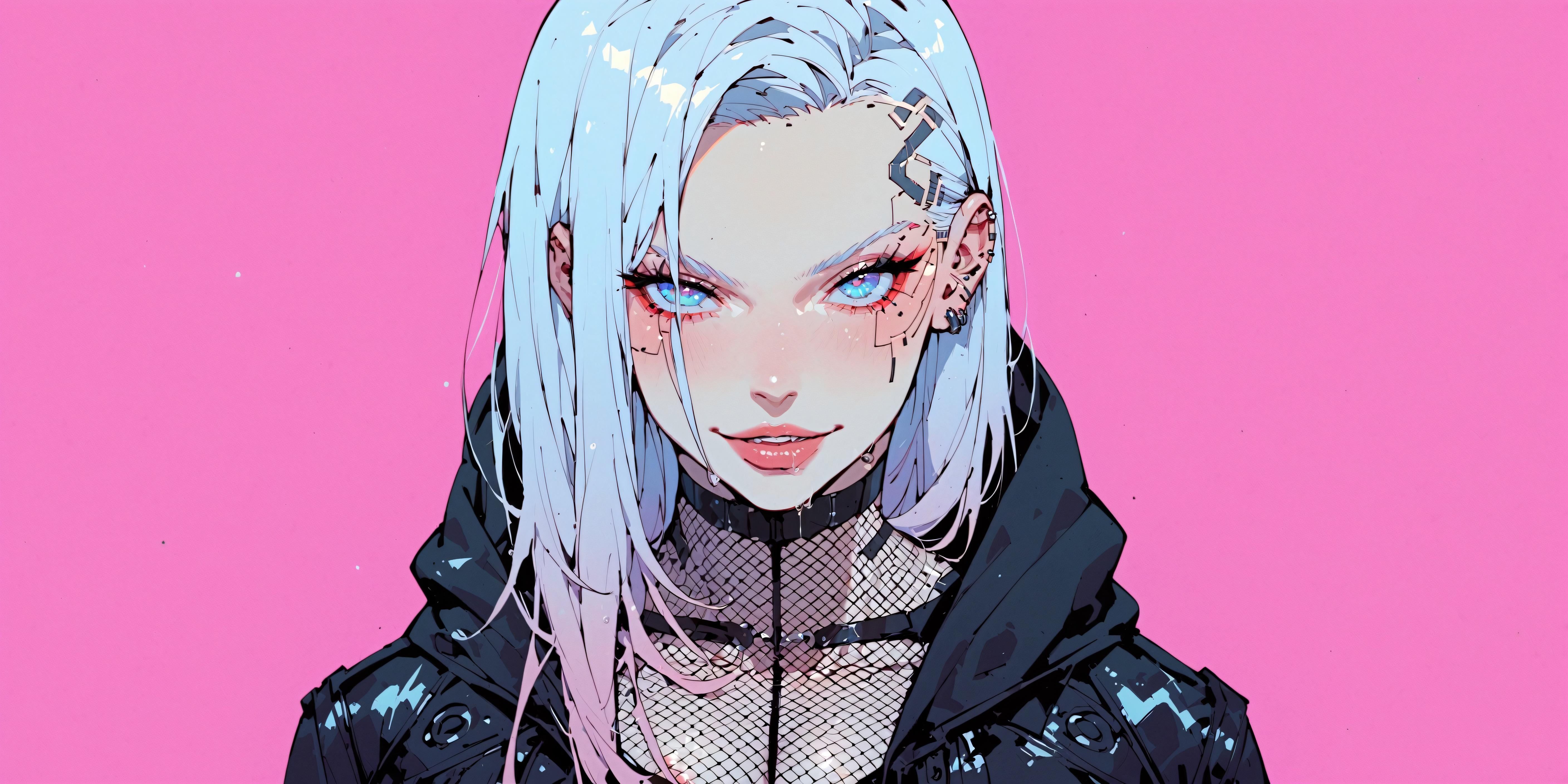 5632x2816 Pink & White Cyberpunk Anime Girl Close Up Desktop Wallpaper