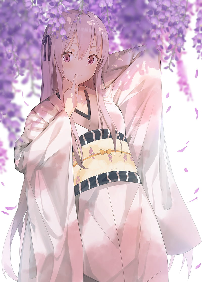 800x1119 White kimono, cherry blossom, anime girl, long hair, Anime, HD phone wallpaper