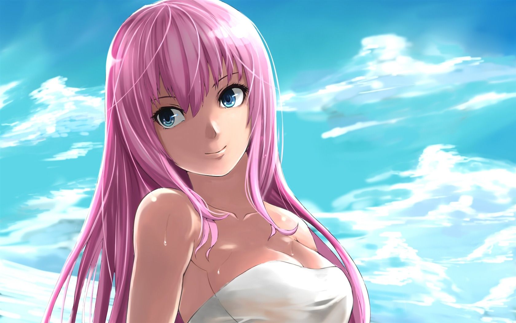 1680x1050 Wallpaper Anime girl smiling, pink hair, the blue sky and white clouds 1920x1200 Picture, Image