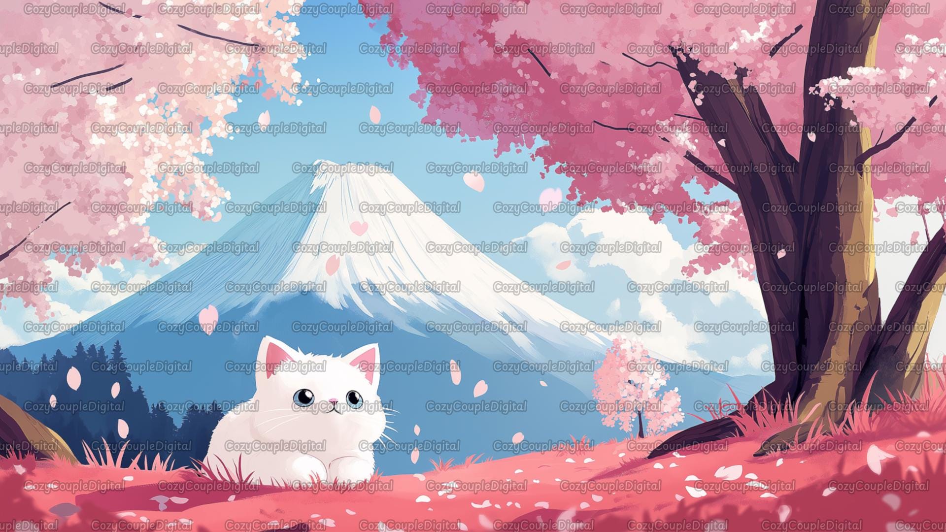 1920x1080 Chibi Cat Sakura Bundle, Digital Wallpaper, 3 Pack, 4K, 1440p, 1080p, Cat, Chibi, Sakura, Mt. Fuji, Japan, Cute