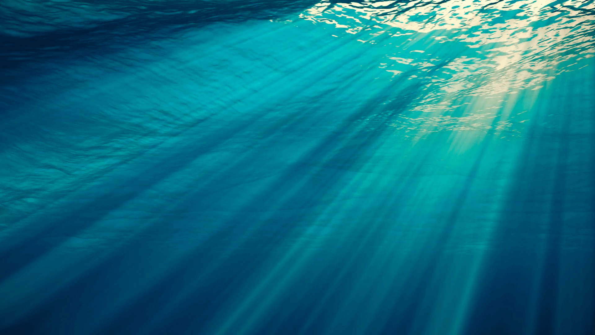 1920x1080 Underwater view of ocean waves in clear blue water. Beautiful aquatic scene with sunbeams and god rays in deep sea. 3D animation with swells and tidal waves