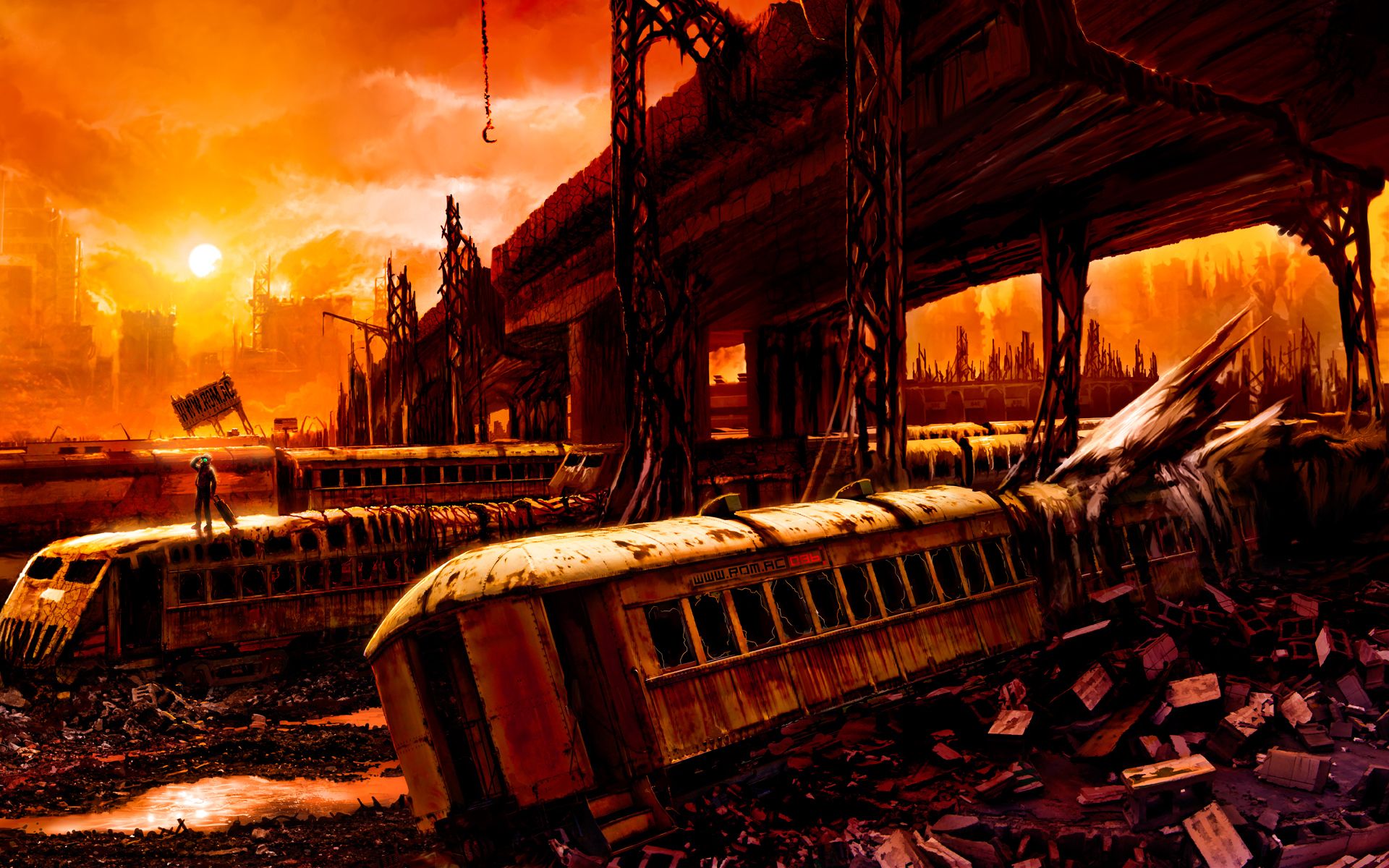 1920x1200 Orange Ruins: Post Apocalyptic City Bridge And Train HD Wallpaper By Vitaly S. Alexiusx1200