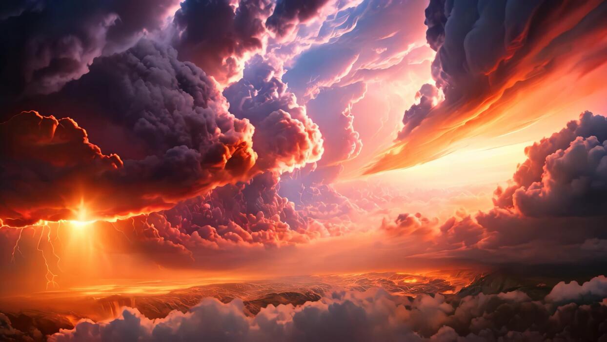 1244x700 AI generated 3D illustration of a stormy sky with lightning and storm clouds, A fire hurricane ravages the cloudscape in the sky. A visual representation of climate change induced apocalypse