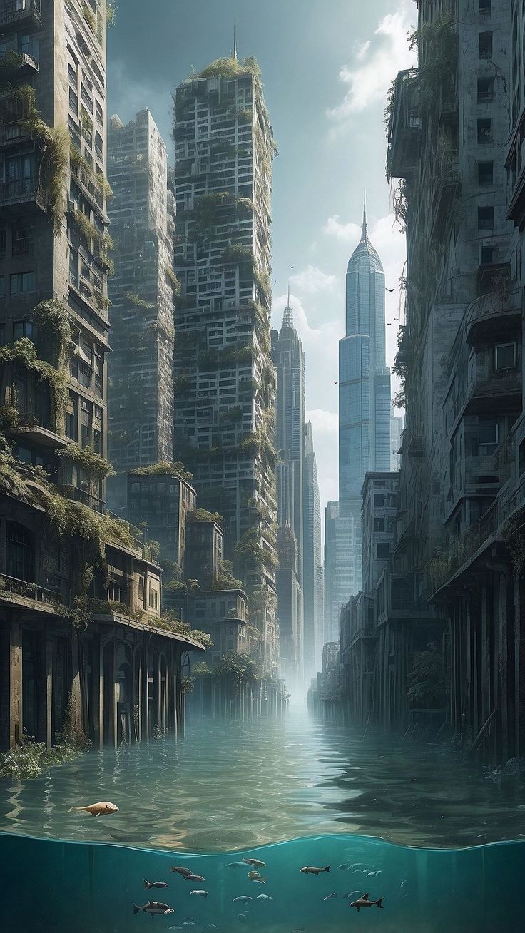 736x1308 Wallpaper water, fish, city, apocalypse, sky, ai, AI 4K by ♤CRISTIAN♧¿. Download wallpaper water, fish, city, apocalypse, sky, ai for free